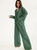 Taooba- Solid Color V-Neck Long-Sleeves Loose Pants Set