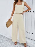 Taooba- Khaki Two Piece Sleeveless Top and Loose Pants Set