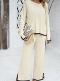 Taooba- White Knitted Long-Sleeve Shirt and Small Slit Long Pants Suit