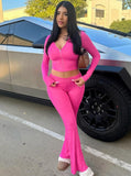 Taooba- Pink 2 Piece Crop Top Zipper Jacket and Flared Pants Set