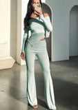 Taooba- Green Off Shoulder Asymmetrical Top and Pants Set