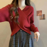 casual fall outfits Cross V-neck Anke Lei Wear New Irregular Knitted Top Short Red Bottoming Shirt Winter Sweater for Women