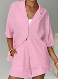 Taooba- Collared Pastel Colored Button Down Shirt and Shorts Set