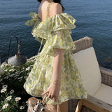 summer fits French First Love Sweet Spicy Gentle Tea Break Chiffon Floral Strap Dress Women's Spring and Summer Waist-Tight Fluffy Princess Dress