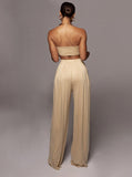 Taooba- Beige Lace-Up Tube Top and Mid Waist Wide Leg Pants