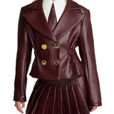 2000s fashion 2024 Spring and Autumn Sexy Wine Red Short Jacket Pleated Skirt Suit Suit Collar Sweet and Spicy Style