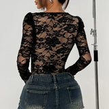 frat boy outfits Sexy Hot Girl Long-Sleeved Blouse See-through New Versatile Lace Solid Color Slim Design 