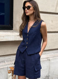 Taooba- Navy Blue Two Piece Blazer Vest Pocket Shorts Set