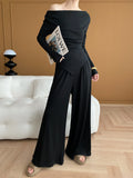 Taooba- One Shoulder Knitted Top Wide Leg Pants Two Piece Suit