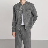 Taooba- 5571 GRAY MANDARIN COLLAR DENIM JK & WIDE STRAIGHT JEANS