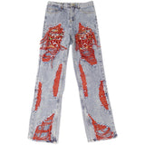 jeans High Street Brushed Destroyed Heavy Embroidery Ripped Jeans Men and Women Street Hip Hop Casual Straight Pants