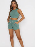 Taooba- Two Piece Green Sleeveless Tank Top Short Sets