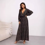 fall photoshoot outfits 2024 Floral Bohemian Dress Wrap V-neck Long Sleeve Split Hem A- line Elegant Maxi Dress for Women