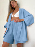 Taooba- Two Piece Set Home Wear Loose Cardigan and Shorts