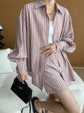 Taooba- French Stripe Long-Sleeved Shirt and Shorts Set