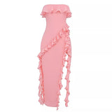 dress 2024 New Women's Ruffled Ribbon Dress Sexy Sleeveless Solid Color off-the-Shoulder Irregular Dress