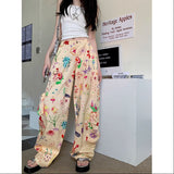 90s fashion American Graffiti Floral Print Casual Overalls Summer New Advanced Design High Waist Loose Mopping Trousers