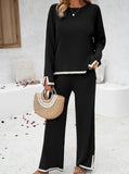 Taooba- Black Long-Sleeve Shirt and Small Slit Long Pants Knitted Suit