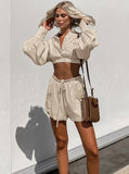 Taooba- Navel-Baring Long-Sleeved Lace-up Short Casual Set