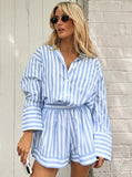 Taooba- Blue Two Piece Stripes Casual Long Sleeve Shirt Shorts Set