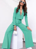 Taooba- Teal Long Sleeve Collared Top and Loose Pants Set