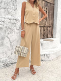 Taooba- Buttoned Sleeveless V-Neck Vest and Pants Suit