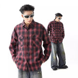 men’s style American Retro Gradient Plaid Shirt Men's Spring and Autumn Hong Kong Style Casual Couple Long Sleeve Shirt Loose Workwear Jacket