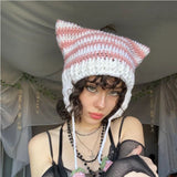 crochet adult hat Japanese Online Celebrity Ins Striped Knitted Wool Hat Women's Cute Trendy Cat Ear Earmuffs Autumn and Winter Warm Hat