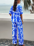 Taooba- Blue Temperament Printed Short-Sleeved Suit