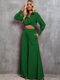 Taooba- Casual Long Sleeve Croptop and Wide Leg Pants Set