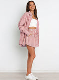 Taooba- Red Striped Long Sleeves and Shorts Set