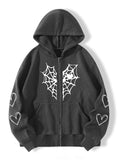 90s streetwear Autumn and Winter Fleece-lined Thickened Spider Web Love Printed Zipper Fleece-lined Warm Hooded Cardigan Jacket