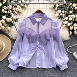 korean fashion Design Sense Niche Shirt Women's New Three-Dimensional Butterfly Embroidered Puff Sleeve Versatile Slimming Mesh Top Fashion