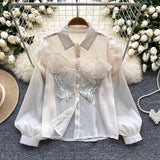 korean fashion Design Sense Niche Shirt Women's New Three-Dimensional Butterfly Embroidered Puff Sleeve Versatile Slimming Mesh Top Fashion