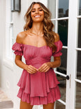 Taooba- Sexy Rose Off Shoulder Tie Waist Top and Short Set