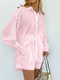 Taooba- Two Piece Solid Color Stripes Long Sleeve Loose Shorts Suit