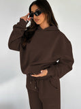 Taooba- Casual Coffee Hooded Long Sleeve Sweater and Trousers Set