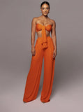 Taooba- Orange Lace-Up Tube Top and Mid Waist Wide Leg Pants