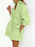 Taooba- Two Piece Solid Color Stripes Long Sleeve Loose Shorts Suit