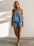 Taooba- Solid Color Pleated Top and Shorts Set