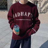 Taooba-5574 CLARET RED KNITTED LETTERED CREWNECK SWEATER