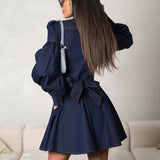 business casual outfits 2024 New Denim Shirt Dress Niche Lantern Sleeve Lace-up Temperament Fashion Dress