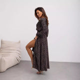 fall photoshoot outfits 2024 Floral Bohemian Dress Wrap V-neck Long Sleeve Split Hem A- line Elegant Maxi Dress for Women