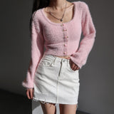 Taooba Aria Rose Button Fuzzy Crop Cardigan