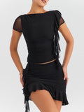 Taooba- Black Two Piece High-Grade Ruffled Tassel Skirt Suit