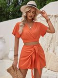 Taooba- Elegant Short Sleeve Crop Top Front Tie Shorts