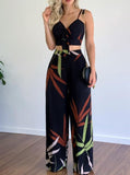 Taooba- Sexy Casual Printed V Neck Crop Top & High Waist Wide Leg Pants Set