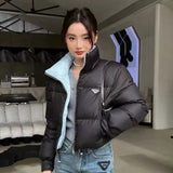 Stand Collar Two-Color Short down Jacket Triangle Logo Contrast Color Warm Bread Coat down Jacket