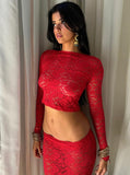 Taooba- Lava Red Sexy See Through Long Sleeve Crop Top and Skirt Set