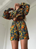 Taooba- Casual Floral Loose Cardigan Elastic Waist Shorts Two Piece Suit